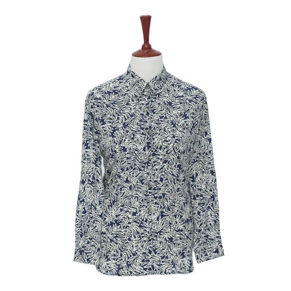 Womens Silk Shirt Button Up Blue White Floral Tropical Hawaiian Casual Medium